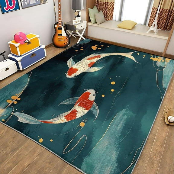 Living Room Area Rugs, Chinese Style Landscape Painting Koi Printed Design Carpet, Dark Green Washable Rectangle Rug, Soft Short Pile Carpet For Bedroom Dining Room Non-Slip Rug