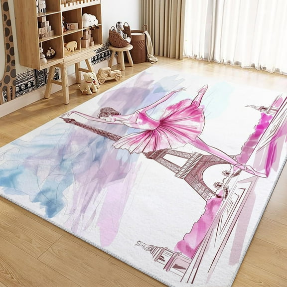 Living Room Area Rugs, Eiffel Tower Dancing Girl Printed Carpet, White Washable Rectangle Rug, Soft Low-Pile Carpet For Bedroom Dining Room Non-Slip Rug