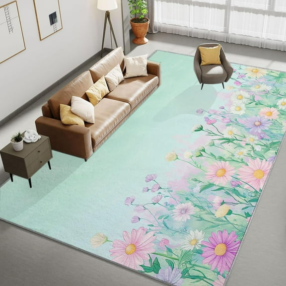 Living Room Area Rugs, Fantasy Watercolor Art Flower Daisy Printed Design Carpet, Pale Green Washable Rectangle Rug, Soft Short Pile Carpet For Bedroom Dining Room Non-Slip Rug