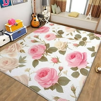 Living Room Area Rugs, Floral Pink Roses And Leaves Printed Design Carpet, White Washable Rectangle Rug, Soft Short Pile Carpet For Bedroom Dining Room Non-Slip Rug