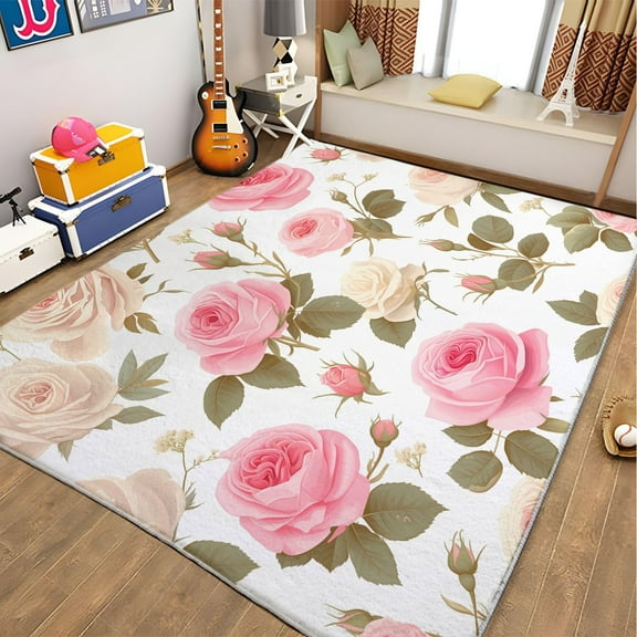 Living Room Area Rugs, Floral Pink Roses And Leaves Printed Design Carpet, White Washable Rectangle Rug, Soft Short Pile Carpet For Bedroom Dining Room Non-Slip Rug