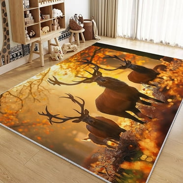 Living Room Area Rugs, Forest Animal Deer Printed Rug, Yellow Carpet Washable Short Pile Area Rugs For Bedroom Dining Room, Soft Non Slip Non Shedding Rug