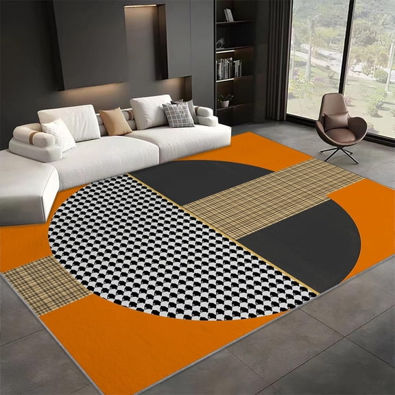 Living Room Area Rugs, Geometric Art Houndstooth Lines Printed Design Carpet, Orange Washable Rectangle Rug, Soft Short Pile Carpet For Bedroom Dining Room Non-Slip Rug
