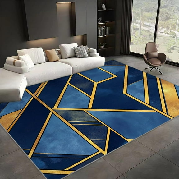 Living Room Area Rugs, Geometric Art Line Blocks Printed Design Carpet, Indigo Washable Rectangle Rug, Soft Short Pile Carpet For Bedroom Dining Room Non-Slip Rug