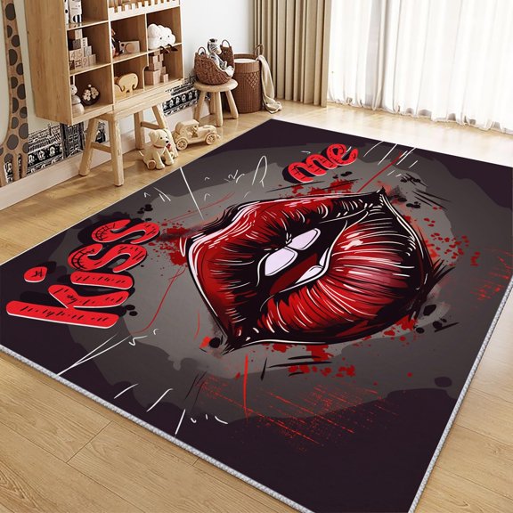 Living Room Area Rugs, Graffiti Comic Style Red Lips Printed Rug, Black Carpet Washable Short Pile Area Rugs For Bedroom Dining Room, Soft Non Slip Non Shedding Rug