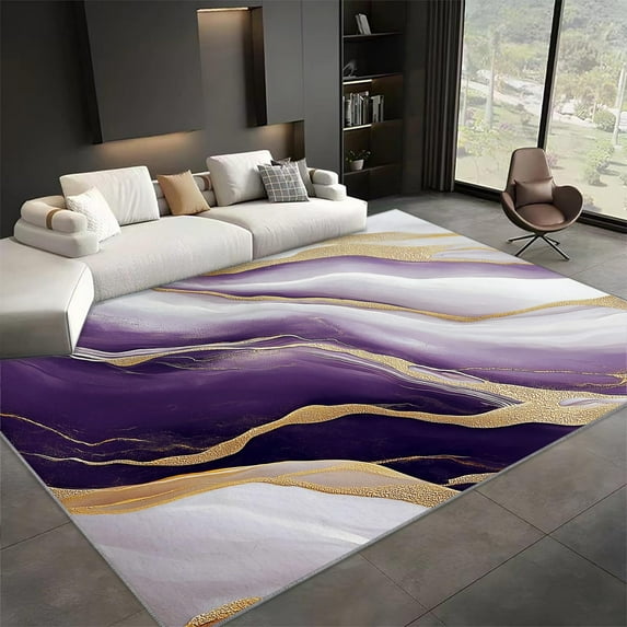 Living Room Area Rugs, Marble Abstract Purple Texture Printed Design Carpet, Purple Washable Rectangle Rug, Soft Short Pile Carpet For Bedroom Dining Room Non-Slip Rug
