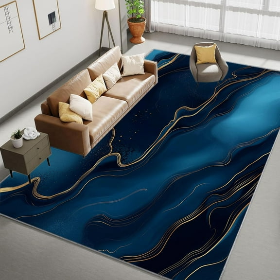 Living Room Area Rugs, Marble Blue Lines Printed Design Carpet, Dark Blue Washable Rectangle Rug, Soft Short Pile Carpet For Bedroom Dining Room Non-Slip Rug
