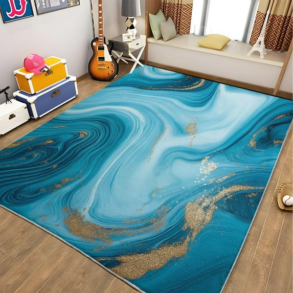Living Room Area Rugs, Marble Blue Wave Texture Printed Design Carpet, Cyan Blue Washable Rectangle Rug, Soft Short Pile Carpet For Bedroom Dining Room Non-Slip Rug
