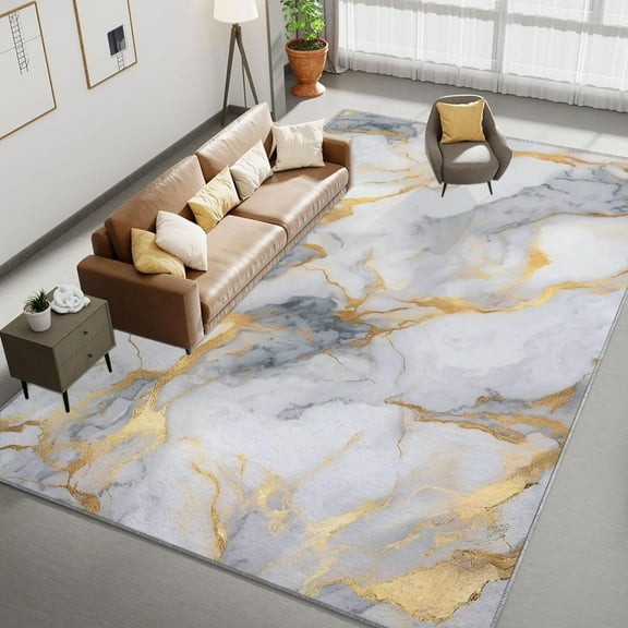 Living Room Area Rugs, Marble Gold Foil Texture Printed Design Carpet, Light Gray Washable Rectangle Rug, Soft Short Pile Carpet For Bedroom Dining Room Non-Slip Rug