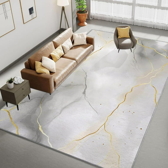 Living Room Area Rugs, Marble Gold Line Texture Printed Design Carpet, Light Gray Washable Rectangle Rug, Soft Short Pile Carpet For Bedroom Dining Room Non-Slip Rug