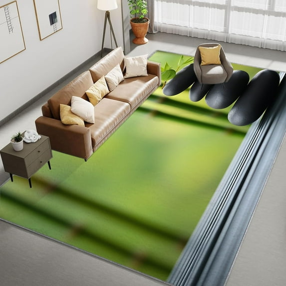Living Room Area Rugs, Meditation Art Stone Bamboo Printed Design Carpet, Green Washable Rectangle Rug, Soft Short Pile Carpet For Bedroom Dining Room Non-Slip Rug