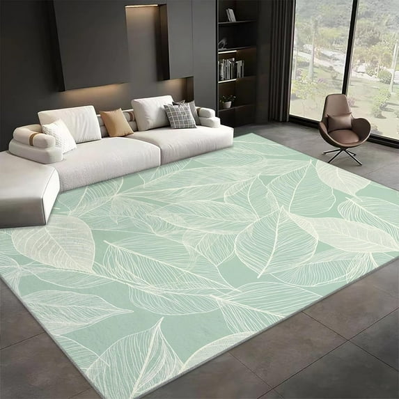 Living Room Area Rugs, Minimalist Art Line Leaves Printed Design Carpet, Pale Green Washable Rectangle Rug, Soft Short Pile Carpet For Bedroom Dining Room Non-Slip Rug