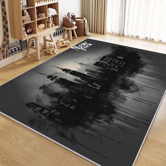 Living Room Area Rugs, New York Skyline City Printed Rug, Gray Carpet Washable Short Pile Area Rugs For Bedroom Dining Room, Soft Non Slip Non Shedding Rug