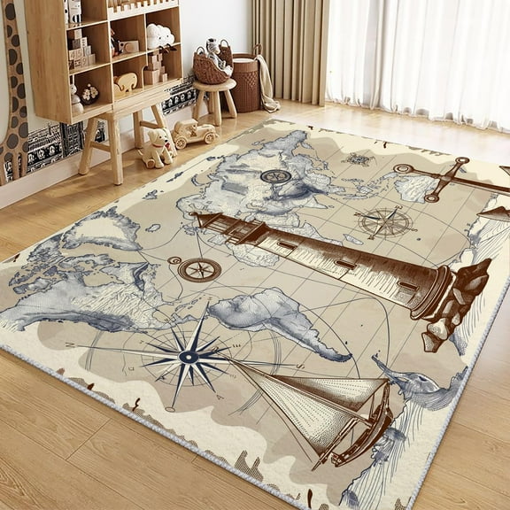 Living Room Area Rugs, Retro Compass Anchor Printed Rug, Yellow Carpet Washable Short Pile Area Rugs For Bedroom Dining Room, Soft Non Slip Non Shedding Rug
