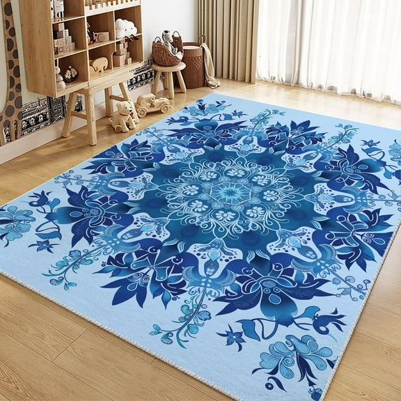 Living Room Area Rugs, Retro Floral Pattern Printed Decorate Rug, Blue Carpet Washable Short Pile Rugs For Bedroom Dining Room, Soft Non-Slip Rectangle Rug