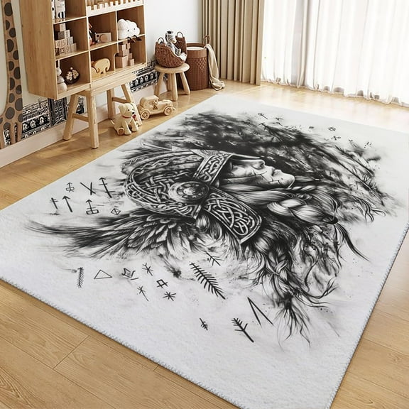 Living Room Area Rugs, Retro Viking Woman Printed Decorate Rug, White Carpet Washable Short Pile Rugs For Bedroom Dining Room, Soft Non-Slip Rectangle Rug