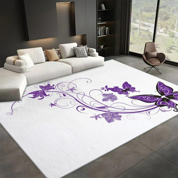 Living Room Area Rugs, Simple Animal Butterfly Printed Decorate Rug, White Carpet Washable Short Pile Rugs For Bedroom Dining Room, Soft Non-Slip Rectangle Rug