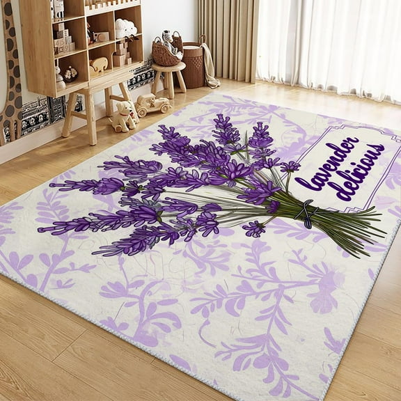 Living Room Area Rugs, Simple Lavender Flower Printed Carpet, Purple Washable Rectangle Rug, Soft Low-Pile Carpet For Bedroom Dining Room Non-Slip Rug