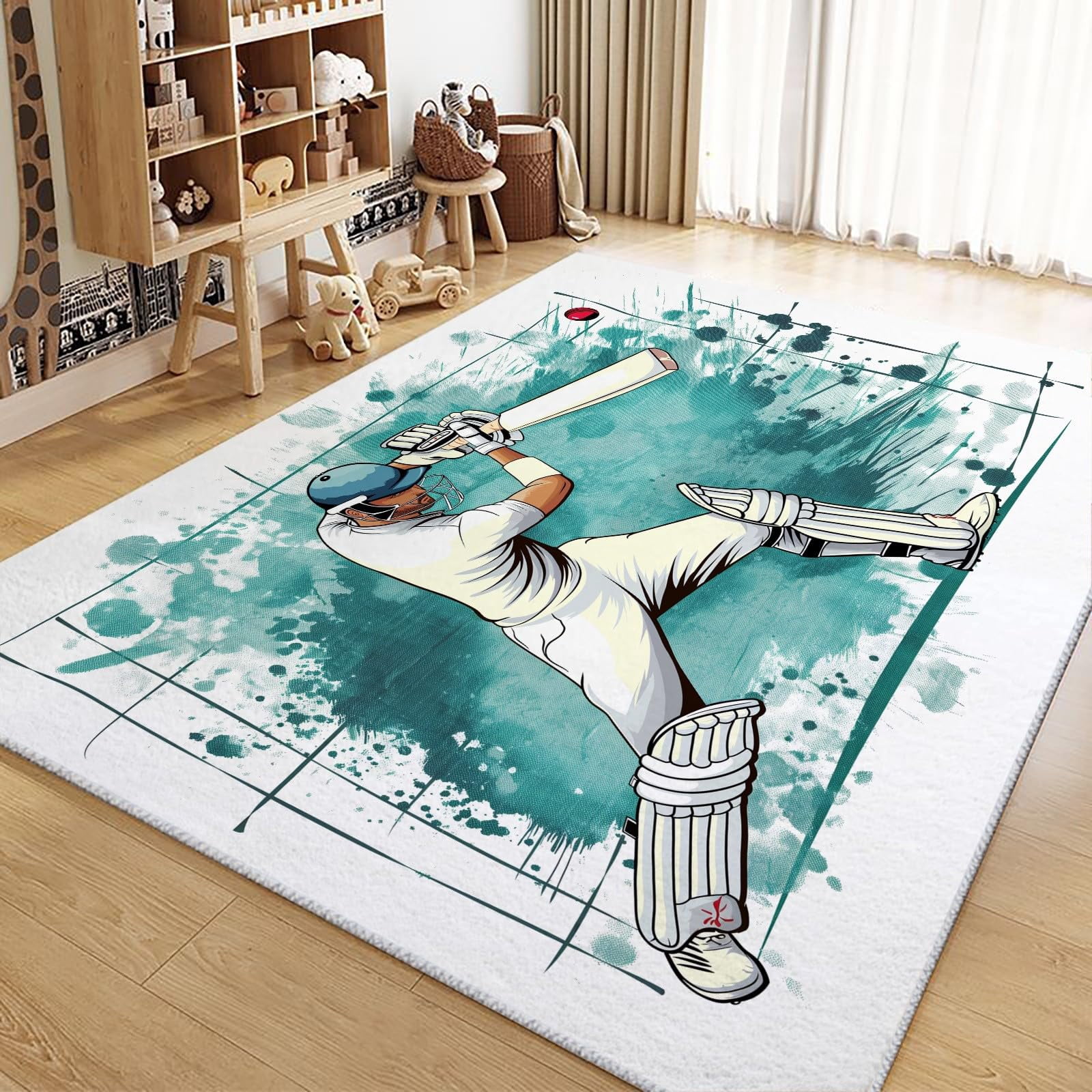 Softball Rug Living Room Area Rugs, Sports Baseball Player Printed Carpet, White ...