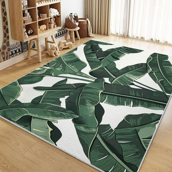 Living Room Area Rugs, Tropical Banana Leaf Printed Rug, Green Carpet Washable Short Pile Area Rugs For Bedroom Dining Room, Soft Non Slip Non Shedding Rug