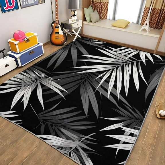Living Room Area Rugs, Tropical Palm Leaf Stripes Printed Design Carpet, Black Washable Rectangle Rug, Soft Short Pile Carpet For Bedroom Dining Room Non-Slip Rug
