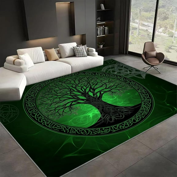 Living Room Area Rugs, Viking Rune Tree Of Life Circle Printed Design Carpet, Viking Runes Washable Rectangle Rug, Soft Short Pile Carpet For Bedroom Dining Room Non-Slip Rug 1x2ft
