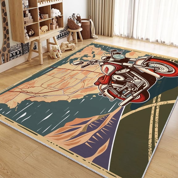 Living Room Area Rugs, Vintage Motorcycle Map Printed Rug, Multicolor Carpet Washable Short Pile Area Rugs For Bedroom Dining Room, Soft Non Slip Non Shedding Rug