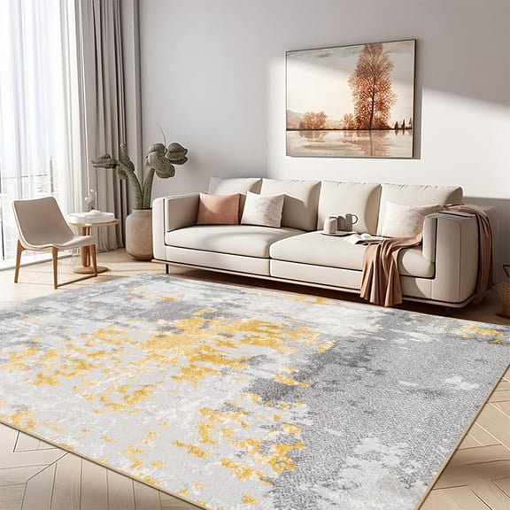 Living Room Area Rugs - Washable Modern Abstract Neutral Soft Indoor Rug Thin No Slip Floor Low Pile Carpet For Bedroom Dining Room Home Office Decor - Yellow Light Gray