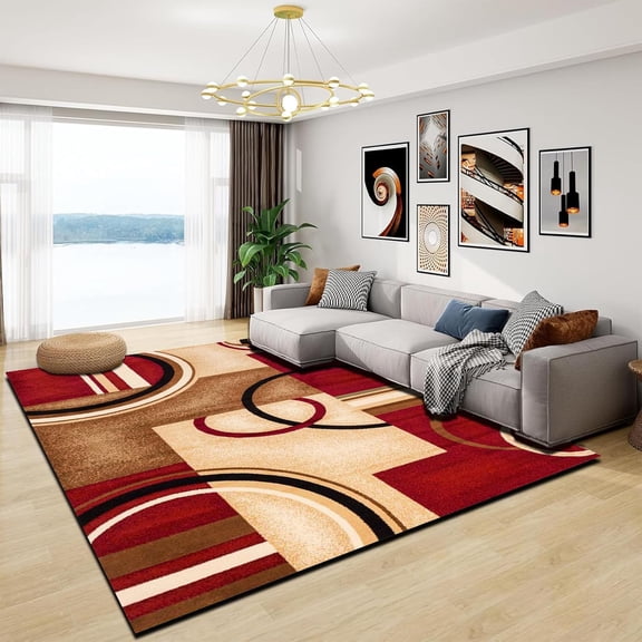 Living Room Area Rugs - Washable Modern Neutral Soft Indoor Rug Thin No Slip Floor Low Pile Carpet For Bedroom Dining Room Home Office Decor - Red Khaki