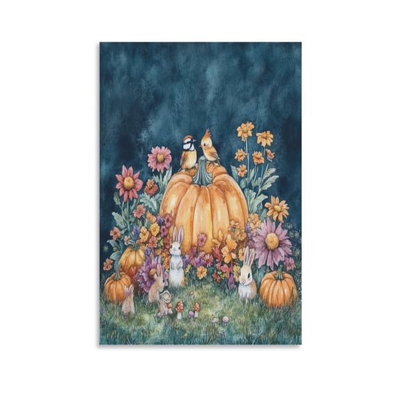 Living Room Art Autumn Garden with Colorful Flowers Pumpkins Wall Art Pictures Autumn Flower Floral Harvest Seasonal Canvas Prints Picture Living Room Girls Room Kids Room Decor 8x12inch