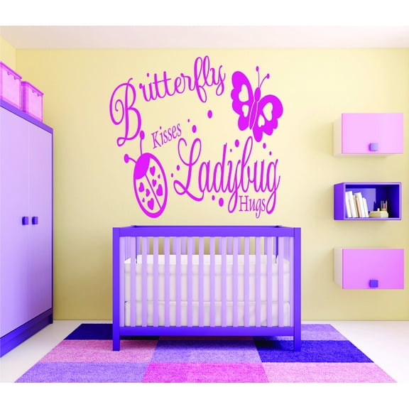 Custom Wall Decal : Butterfly Kisses Ladybug Hugs Baby Girl Bedroom 12x18 Inches
