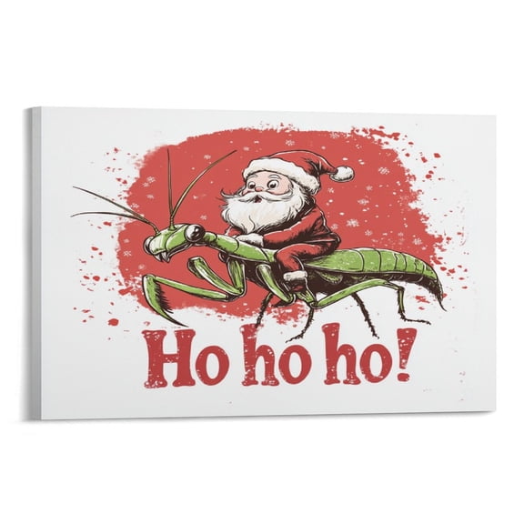 Living Room Art Christmas Santa Claus Riding on The Praying Mantis Artwork Print Painting Green Praying Mantis Canvas Print Livingroom Artwork For Wall 12x18inch Framed Artwork