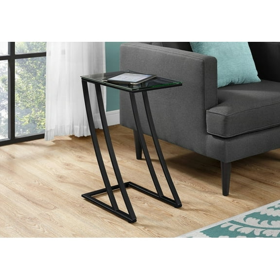 Living Room Coffee Table - Black Metal, C-shaped, Tempered Glass Top, Stable Base