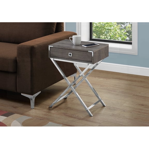 Living Room & Bedroom Accent Table - Brown Laminate with Spacious Rectangular Top & One Metal Glide Drawer & Chrome Metal Legs