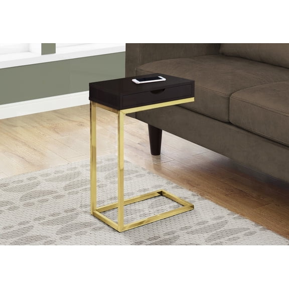 Living Room & Bedroom Accent Table, C-shaped, Brown Laminate, Gold Metal, Storage Drawer, Contemporary Design