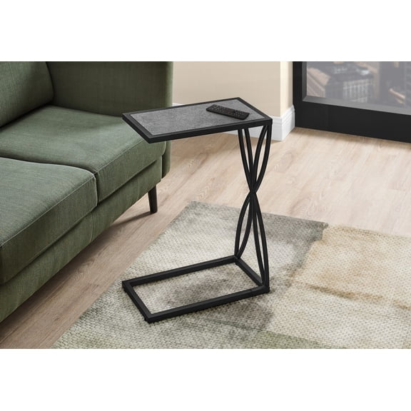 Living Room & Bedroom Accent Table - C-shaped, Grey Laminate & Black Metal, With Base Slidable Under Sofas, Modern Style