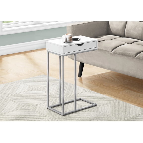 Living Room/ Bedroom Accent Table - C-shaped, Storage Drawer, White Laminate, Grey Metal