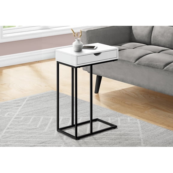Living Room & Bedroom Accent Table - C-shaped, White Laminate, Black Metal, Storage Drawer, Slides Under Furniture