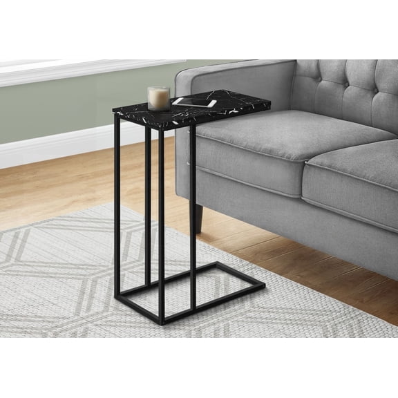 Living Room & Bedroom Accent Table - C-shaped with Black Marble Look & Black Metal, Contemporary Style