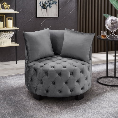 Living Room Bedroom Barrel Accent Chair, 31.25" Round Velvet Tufted +3 Pillows, Upholstered Lounge Seating for Hotel (Grey)