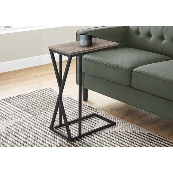 Living Room & Bedroom C-shaped Accent Table with Brown Laminate & Black Metal, Conveniently Slidable Base