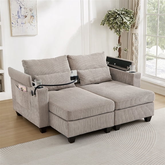 Convertible Chaise Lounge 63" Sofa with Corduroy Fabric for Living Room