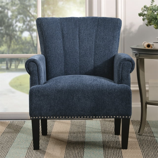 Living Room Bedroom Upholstered Armchair with Rivet Tufted Scroll Arm, Comfy Single Seat Accent Chair with Wood Frame and Legs, Steady and Durable, Convenient Assembly, Navy