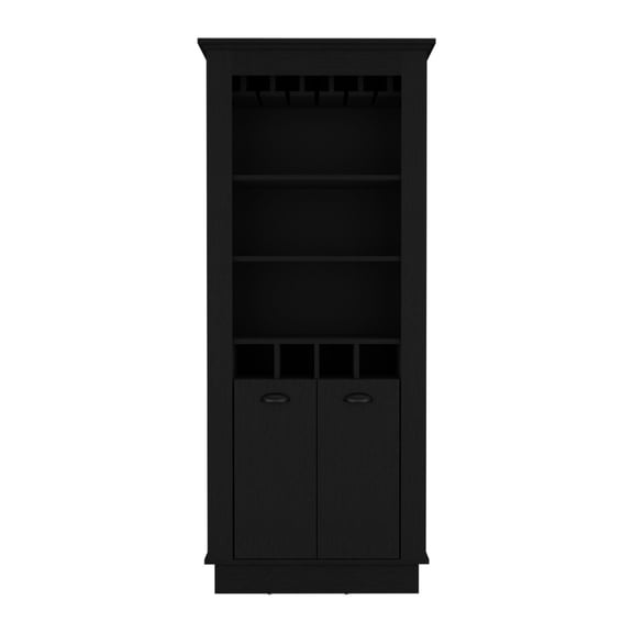 Black Bar Cabinet with Organized Wine Display Glass Storage and Shelves in Living Room