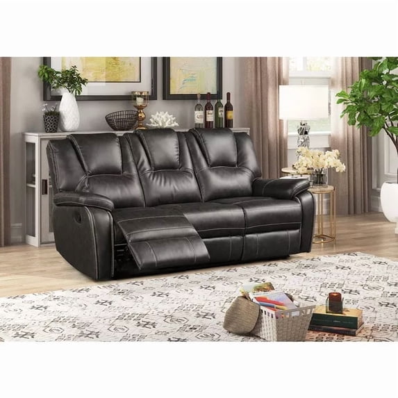 Living Room Black Faux Leather Manual Reclining Sofa, 3 Seater Sofa Couch with Padded Armrest