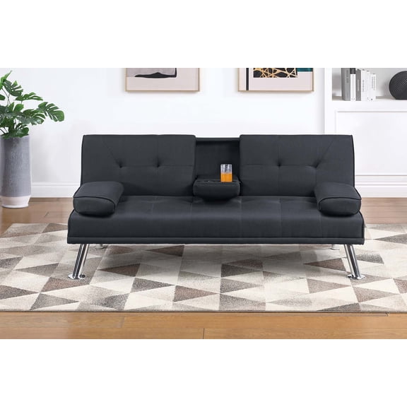 Living Room Black Linen Like Fabric 1pc Adjustable Sofa Fold-Down Table Cup Holders Tufted Upholstered Plush Cushion Couch Sofa