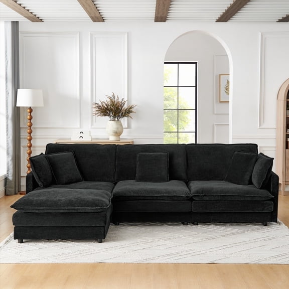 Modern Minimalist Towel Fabric L-Shaped Sectional Sofa with Ottoman, 4-Seater, 110.2''x58.7''