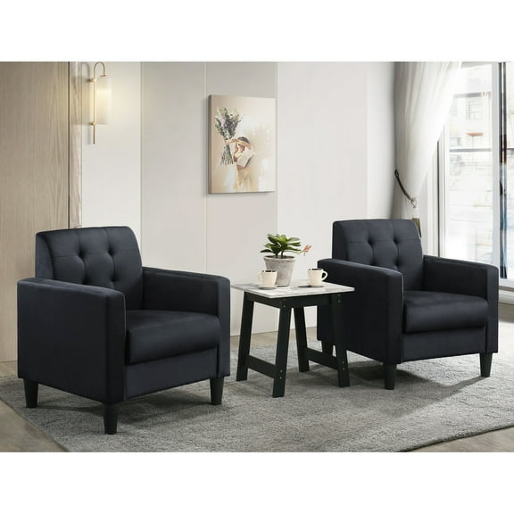 Living Room With Black Velvet Armchairs And Table, 27.5"w X 27.5"d 31.5"h Armchair, 19"w 15"d 19"h End Marble-topped : & 27.5" Wide 19" Marble Finished Top