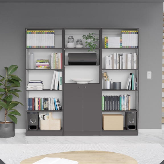 Living Room Bookcase Assortment From , 74" Wide With 13 Shelves And 2-door Cabinet, Matt Gray/white, Functional Storage Design For Home Use, 3 Piece & Practical Option