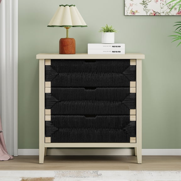 Living Room Cabinets 3 Drawer Buffet Sideboard with Adjustable Shelves, Storage Cabinet with Hand-woven rope decorated drawers for Living Room Kitchen Entryway,Wooden Cabinets